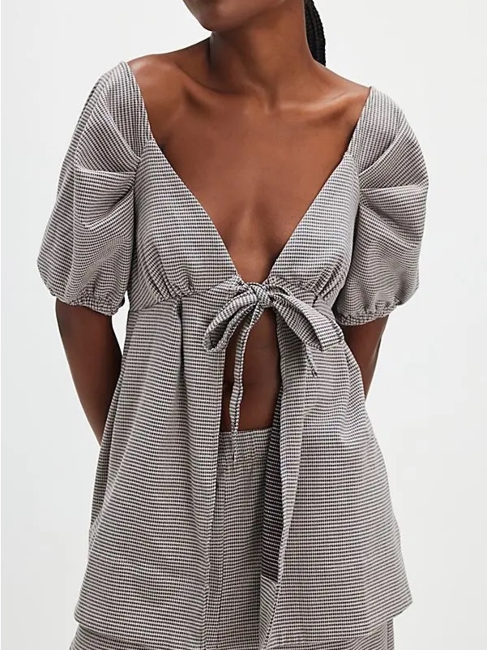 Free People Dani top in Houndstooth Tie-Front Puff Sleeve